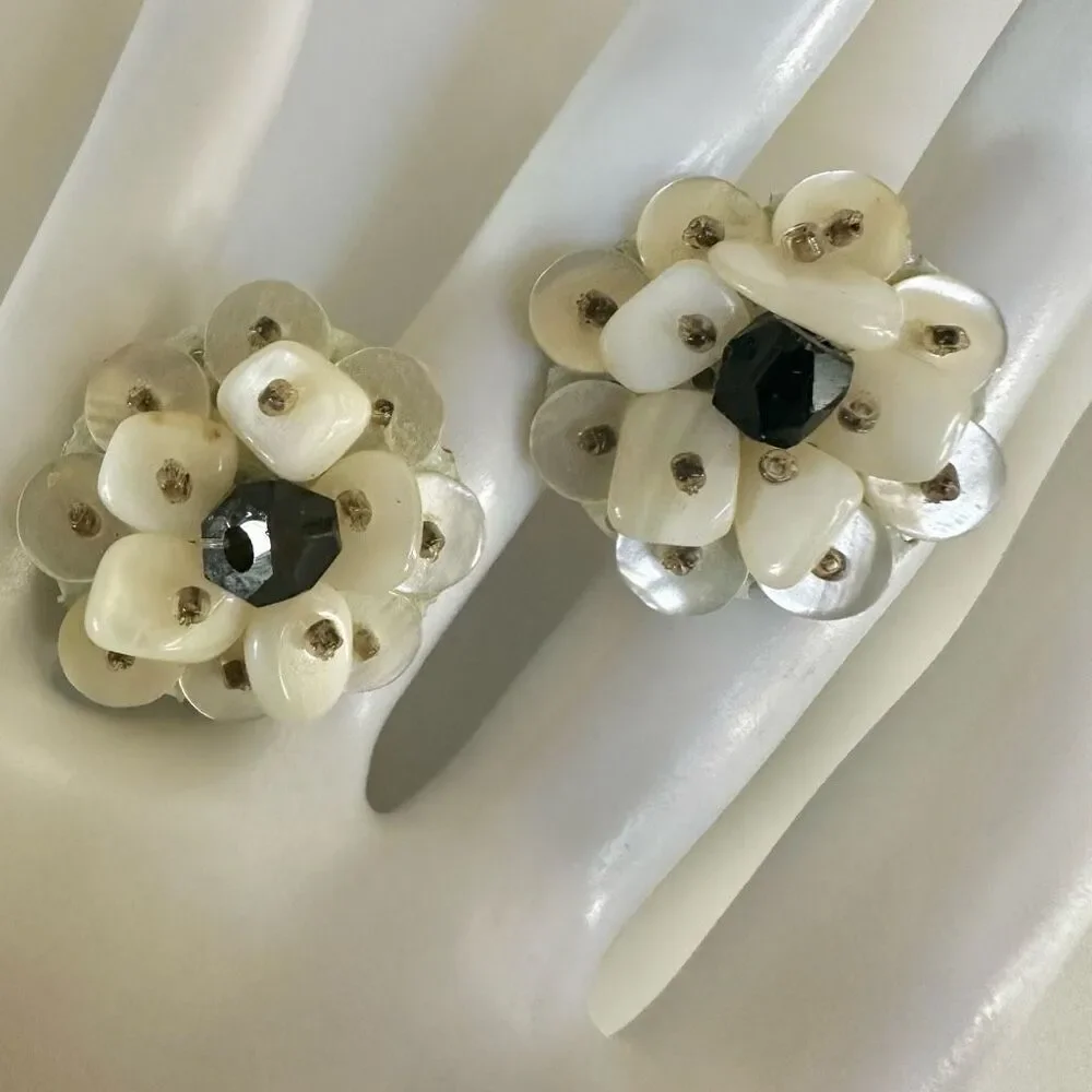 Abalone flower clip on vintage earrings